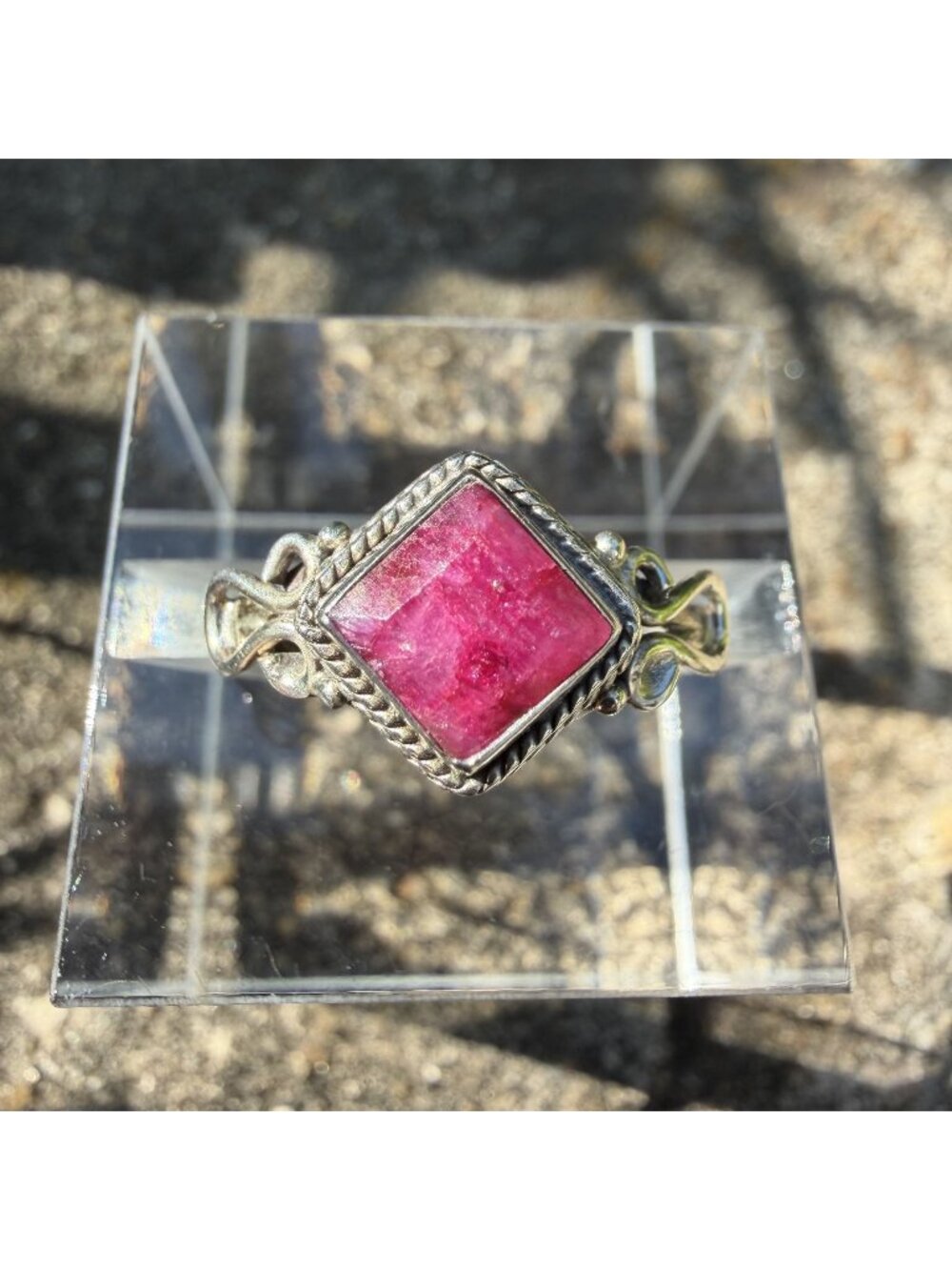 925 Sterling Silver Raw Pink Ruby Ring Size 8 Diamond Shaped Boho Statement